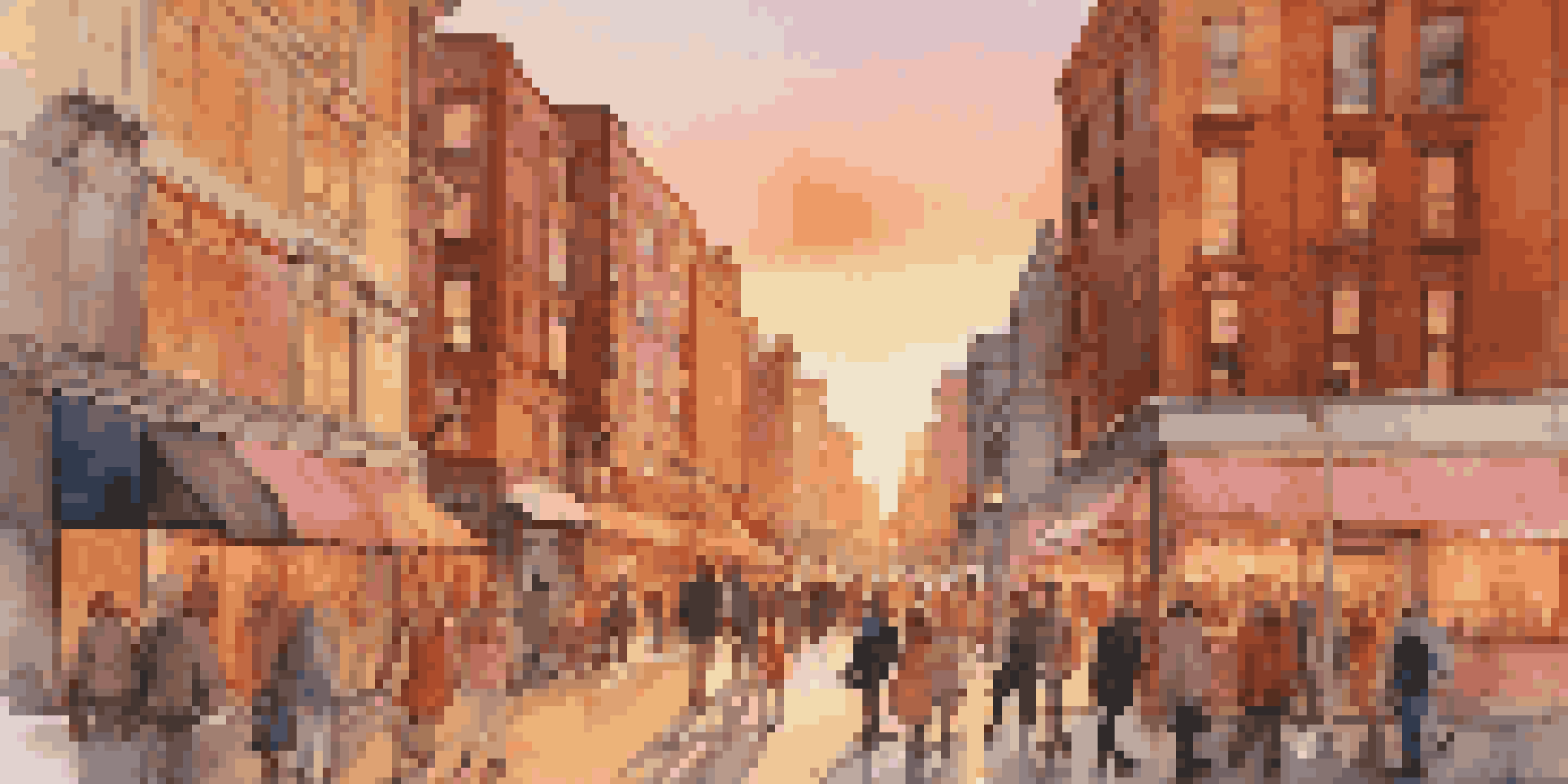 A busy city street filled with people and shops during sunset, with warm colors in the sky and lights glowing.