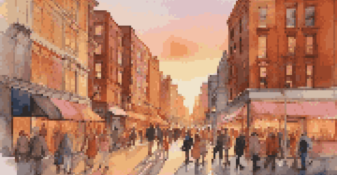 A busy city street filled with people and shops during sunset, with warm colors in the sky and lights glowing.