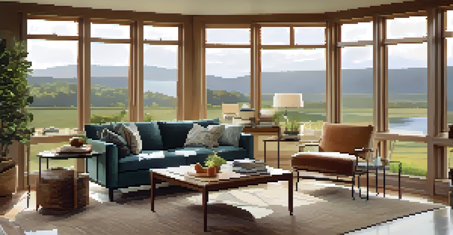 A cozy living room filled with natural light from large energy-efficient windows, showing a serene landscape outside.