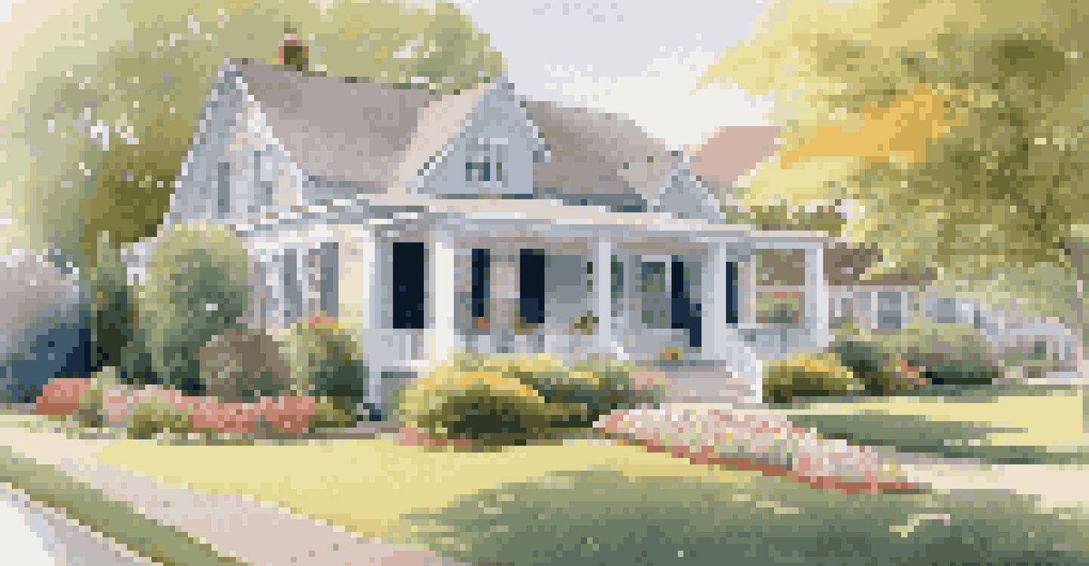 A suburban home with a well-maintained lawn, flower beds, and a porch swing in the sunlight.