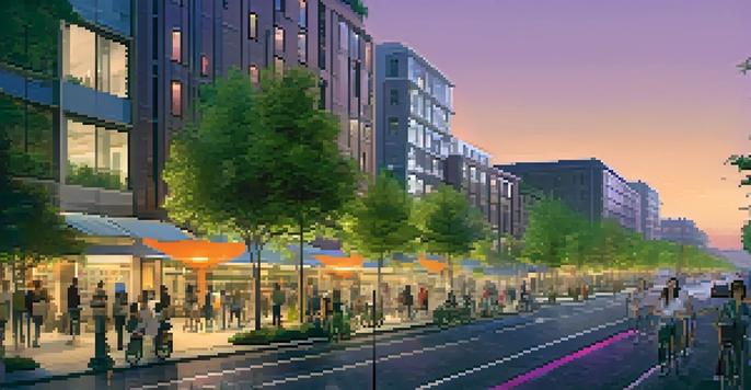 A vibrant city street at dusk with smart streetlights and greenery, showing people walking and cycling in a clean environment.