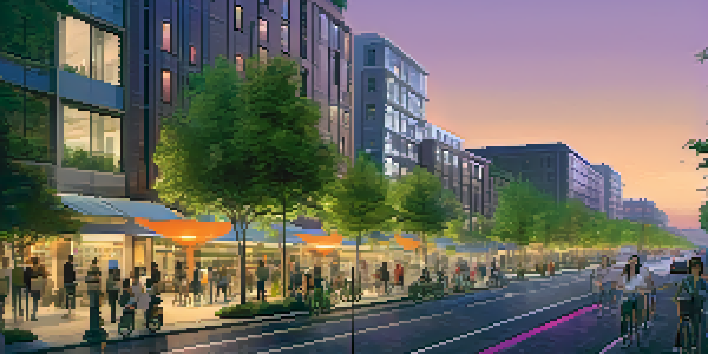 A vibrant city street at dusk with smart streetlights and greenery, showing people walking and cycling in a clean environment.