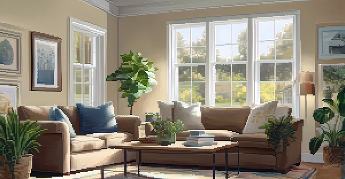 A cozy living room filled with sunlight, featuring a couch, coffee table with documents, and houseplants, depicting a new homeowner's comfort.