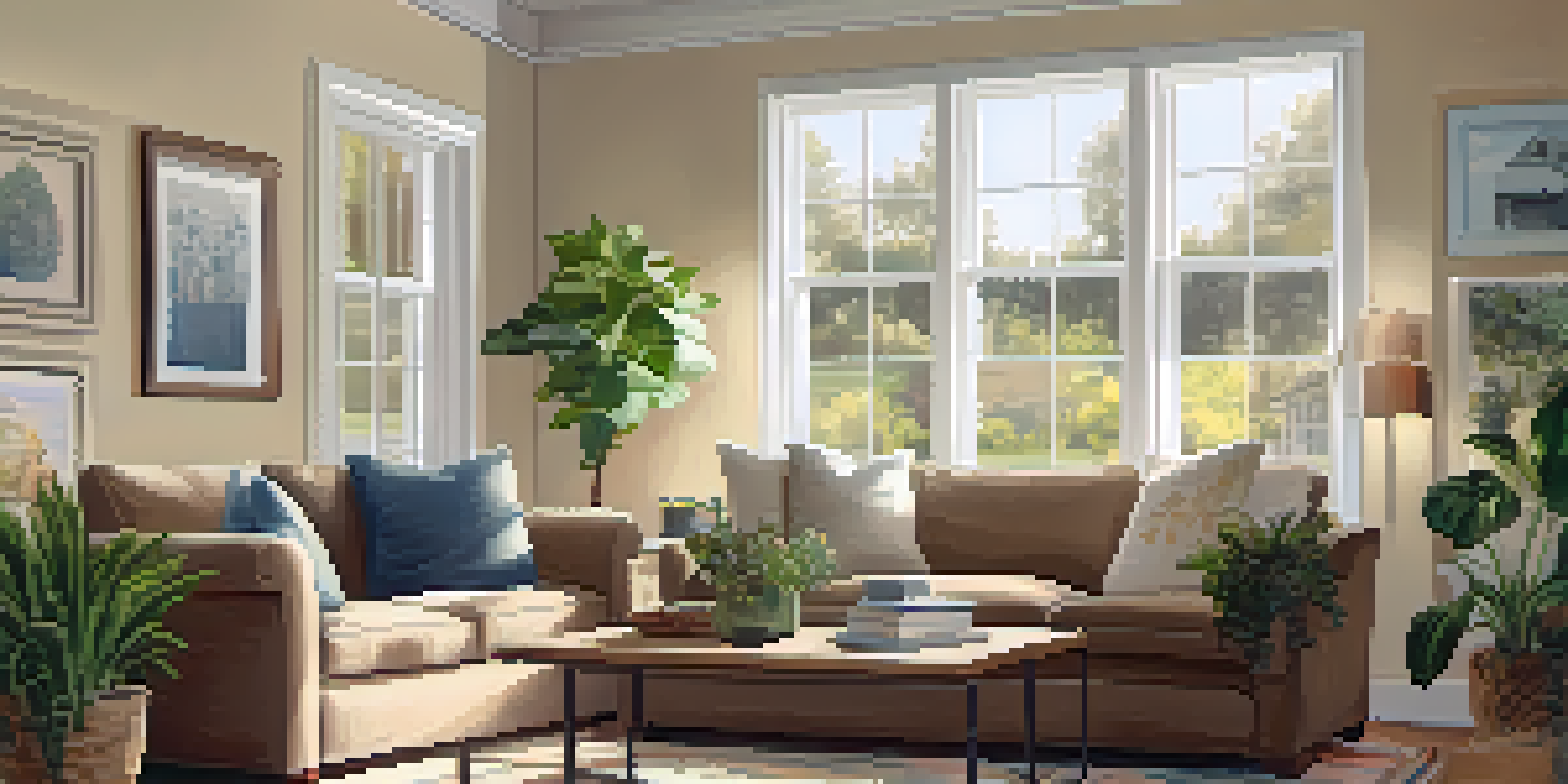 A cozy living room filled with sunlight, featuring a couch, coffee table with documents, and houseplants, depicting a new homeowner's comfort.