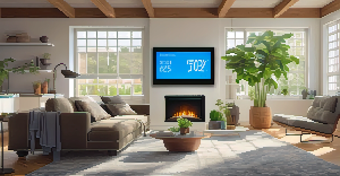 A living room with a smart thermostat, automated blinds, and natural light, creating an energy-efficient atmosphere.