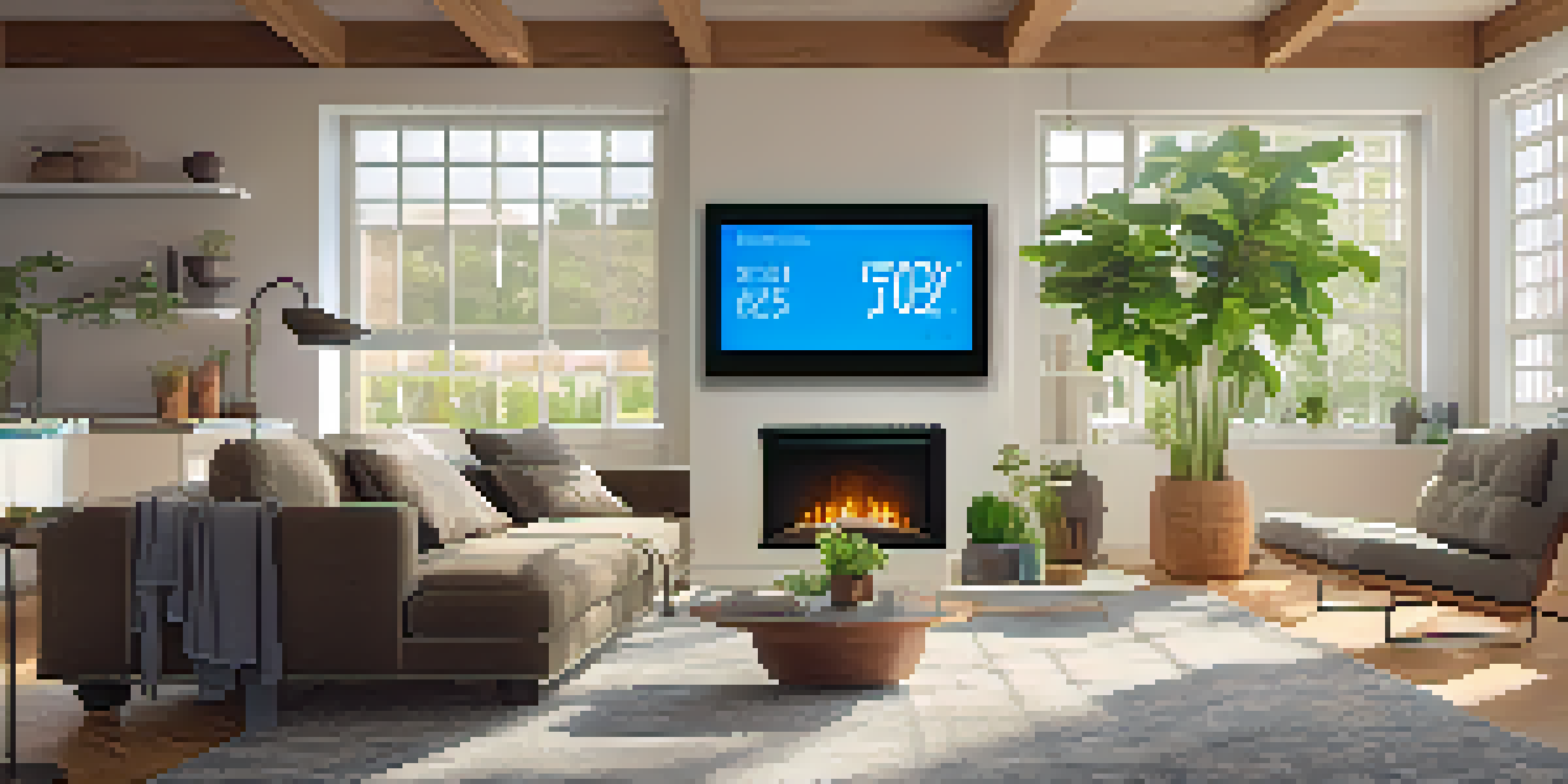 A living room with a smart thermostat, automated blinds, and natural light, creating an energy-efficient atmosphere.