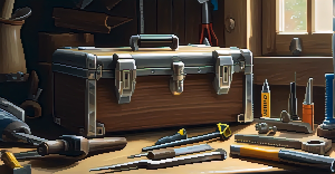 A neatly arranged toolbox with hand tools like a hammer, screwdrivers, and pliers on a wooden workbench in a home workshop.