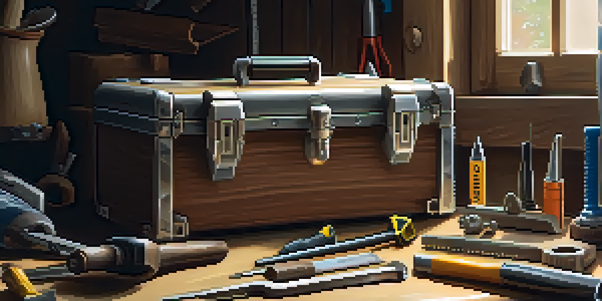 A neatly arranged toolbox with hand tools like a hammer, screwdrivers, and pliers on a wooden workbench in a home workshop.