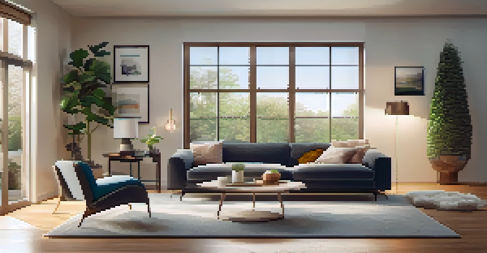 A contemporary living room with smart home devices, including a thermostat and smart light bulbs, with soft natural light streaming through the windows.