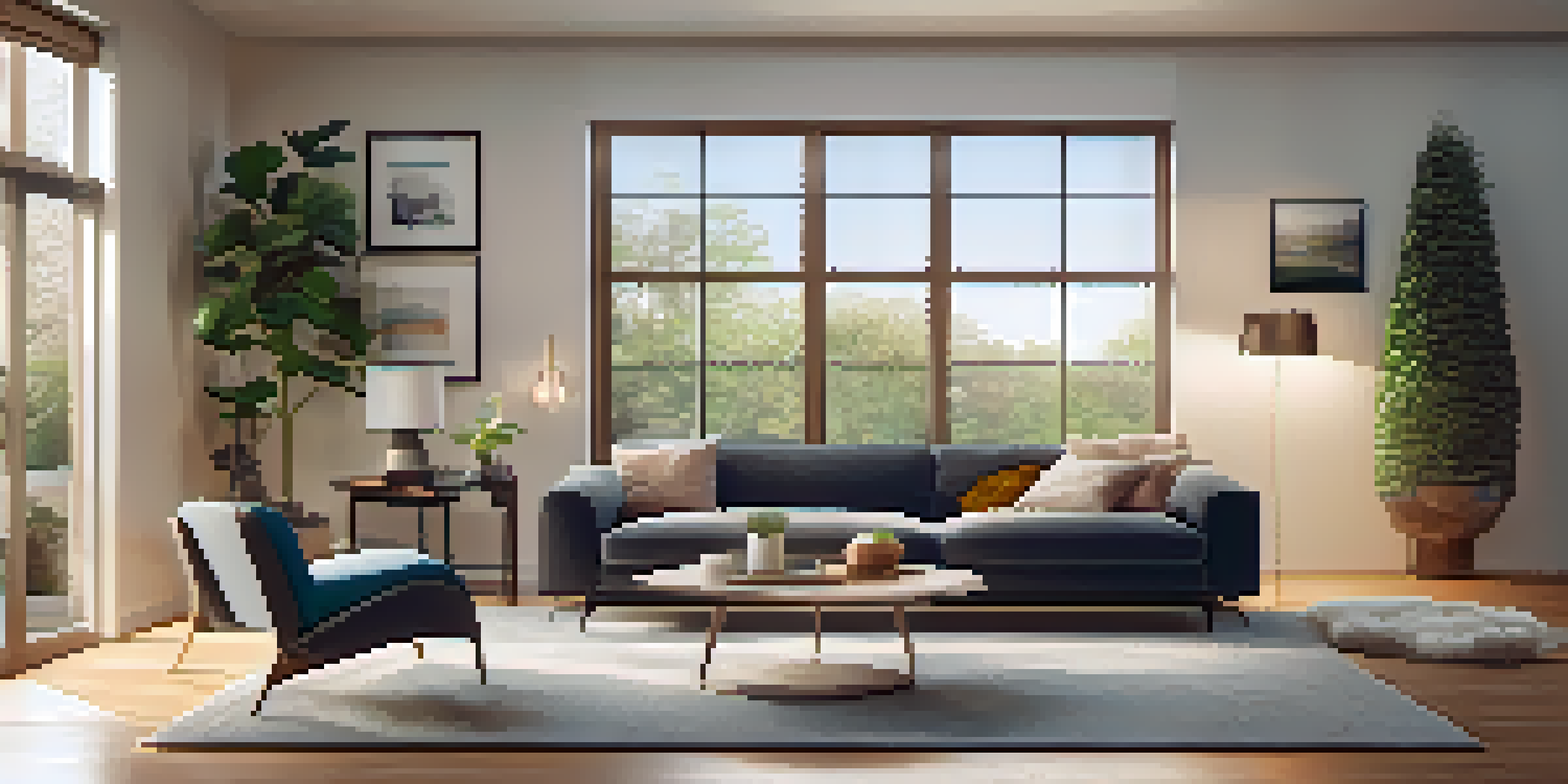 A contemporary living room with smart home devices, including a thermostat and smart light bulbs, with soft natural light streaming through the windows.