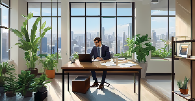 A modern office with a large wooden table, papers, a laptop, and two colleagues discussing a real estate contract in front of a cityscape window.