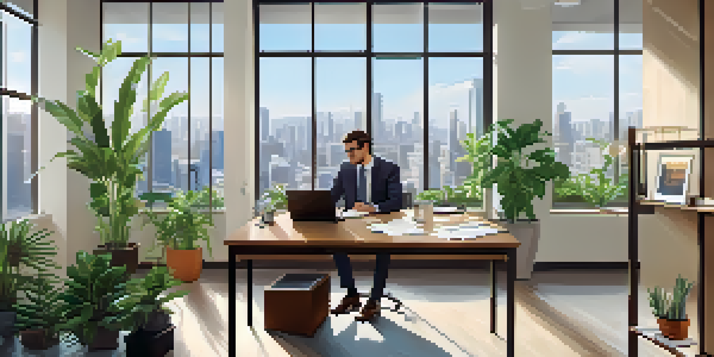 A modern office with a large wooden table, papers, a laptop, and two colleagues discussing a real estate contract in front of a cityscape window.