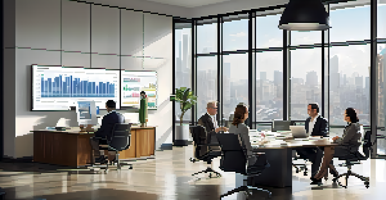 A modern real estate office with professionals discussing around a table and urban views.