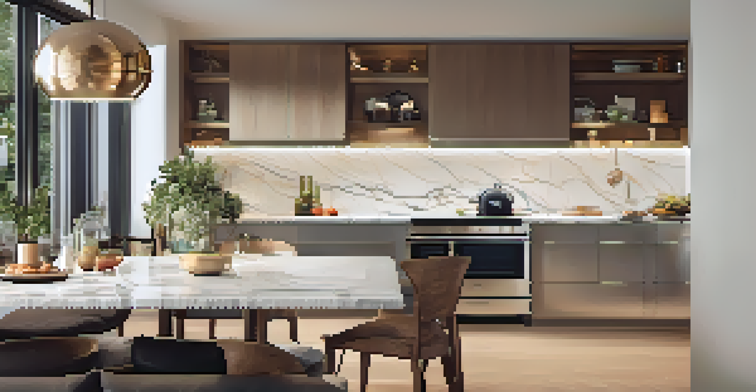 A stylish kitchen with a user interacting with a voice assistant device on the countertop, showcasing smart appliances and bright lighting.