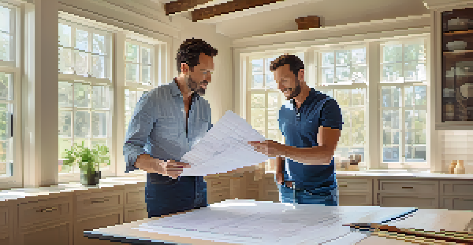 An architect and homeowner discussing renovation plans with a blueprint on a table, in a bright, modern room.