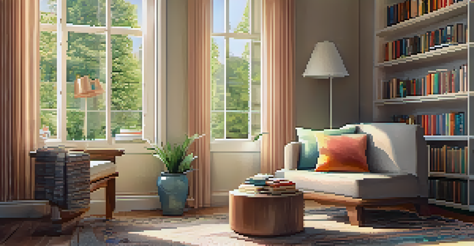 A bright and inviting reading nook with a comfortable armchair, bookshelves, and natural light pouring in through a window.