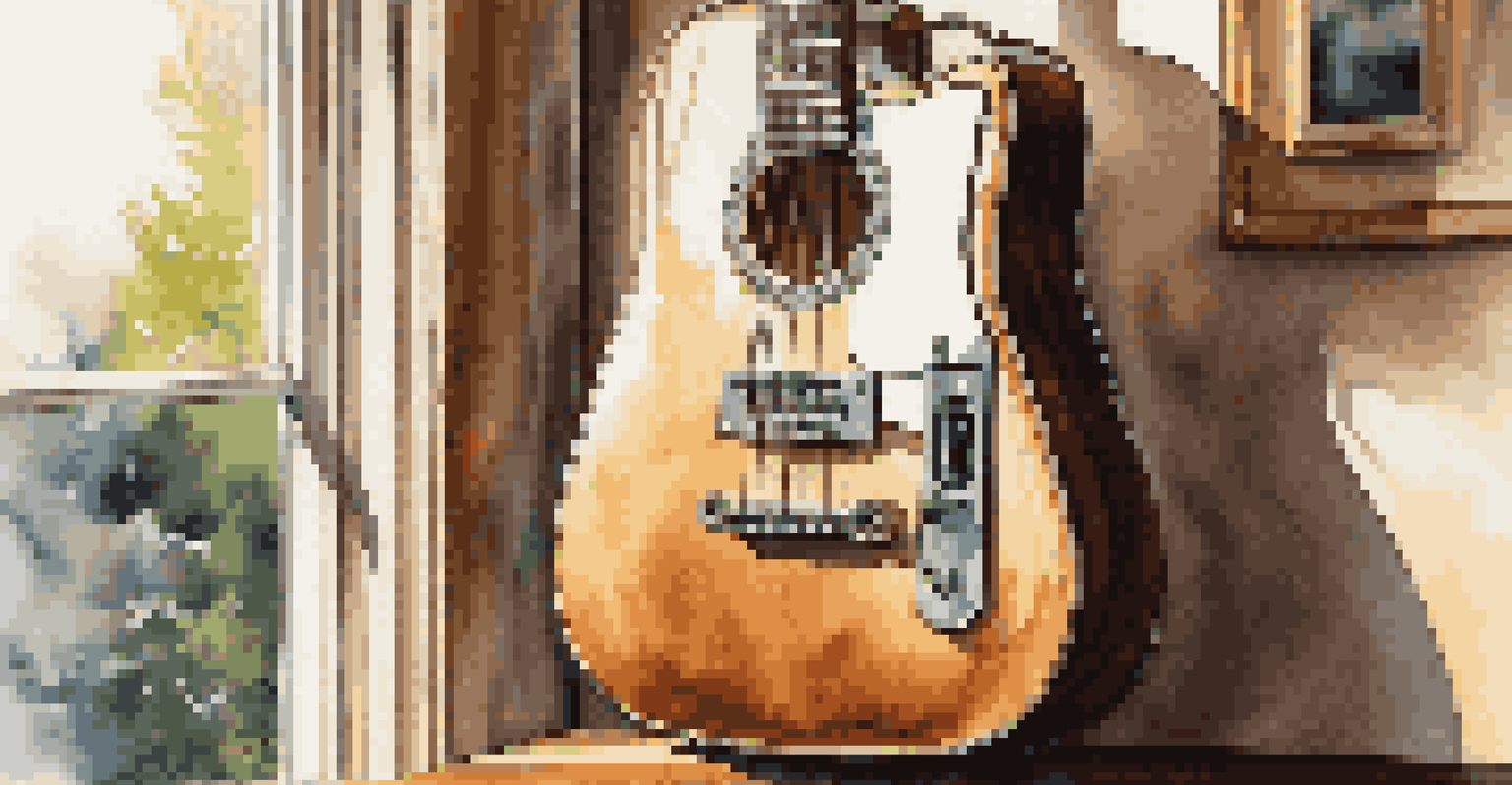 A beautifully crafted wooden guitar hanging on a wall hook, illuminated by natural light, with a blurred background of music accessories.