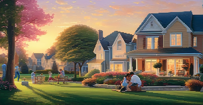 A peaceful suburban neighborhood at sunset with families enjoying a picnic.