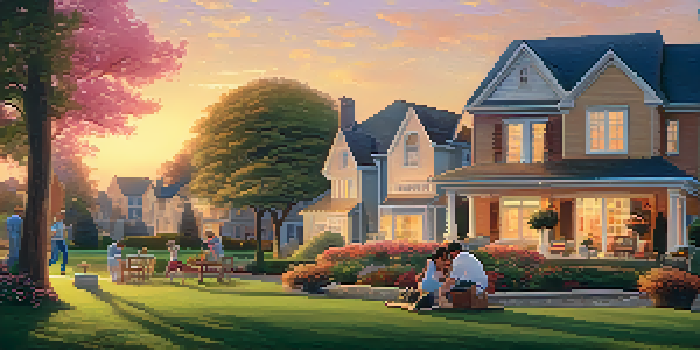 A peaceful suburban neighborhood at sunset with families enjoying a picnic.