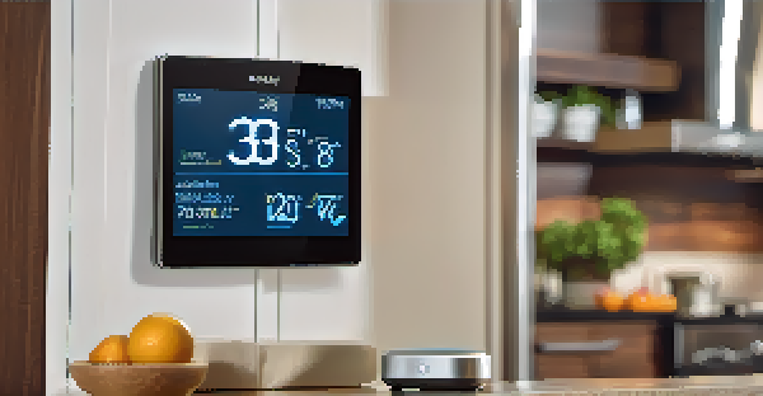 A close-up of a smart thermostat displaying energy usage statistics in a modern kitchen setting.