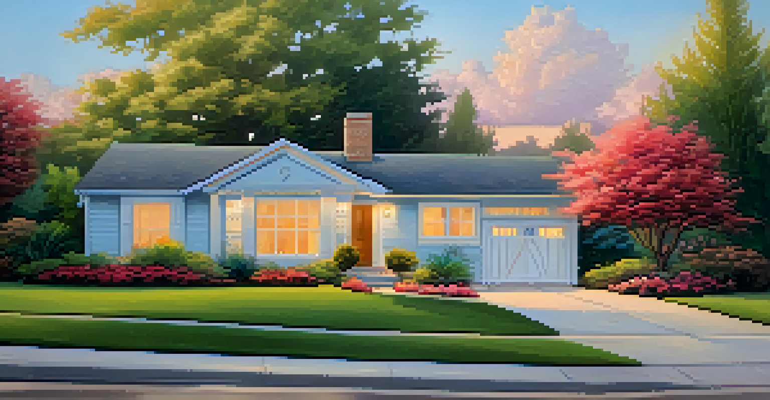 A charming exterior of a freshly painted house with vibrant flowers and a clean pathway, bathed in warm evening sunlight.