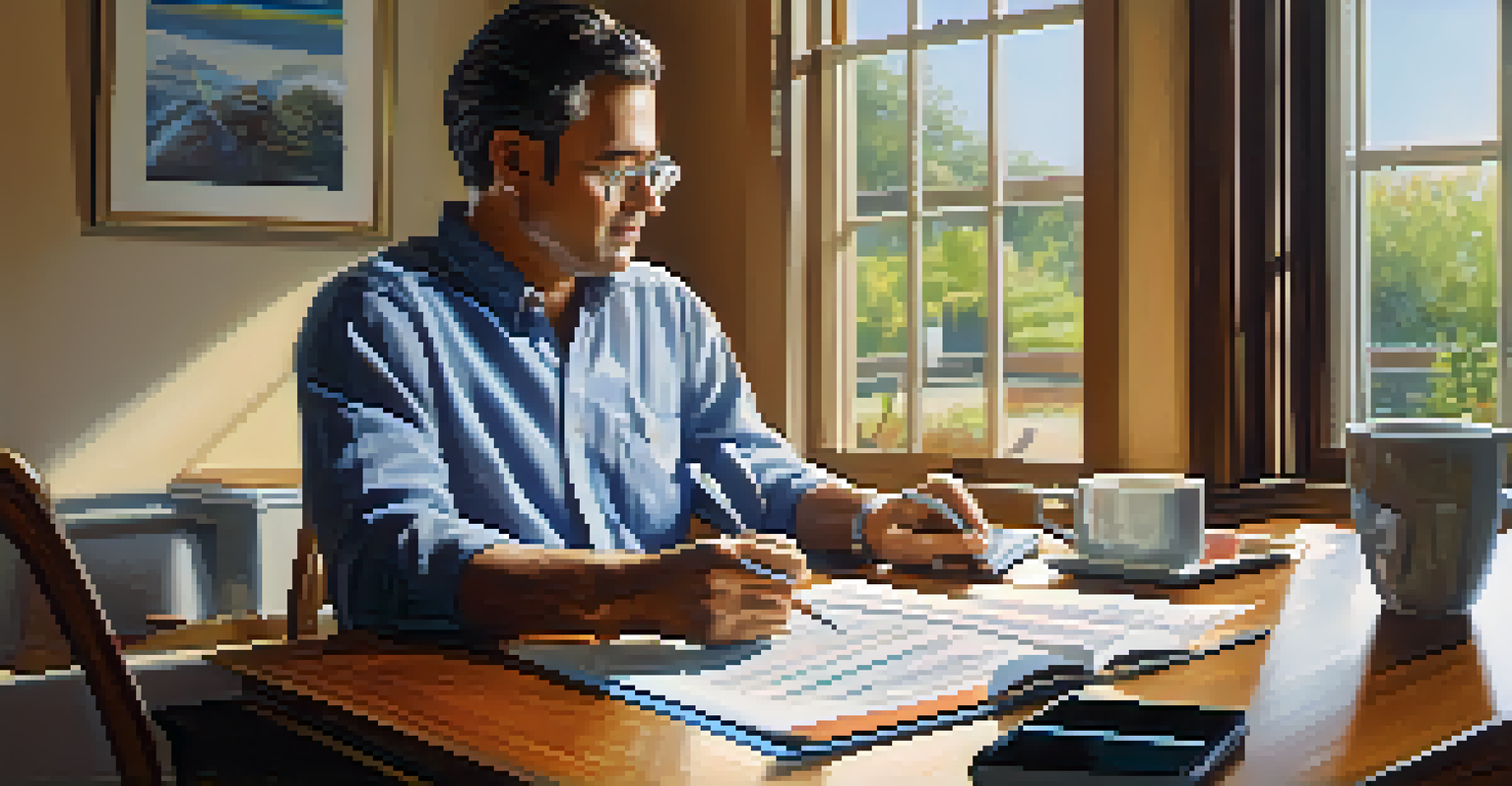 A homeowner sitting at a desk reviewing HOA financial reports with a laptop, papers, and a cup of coffee.