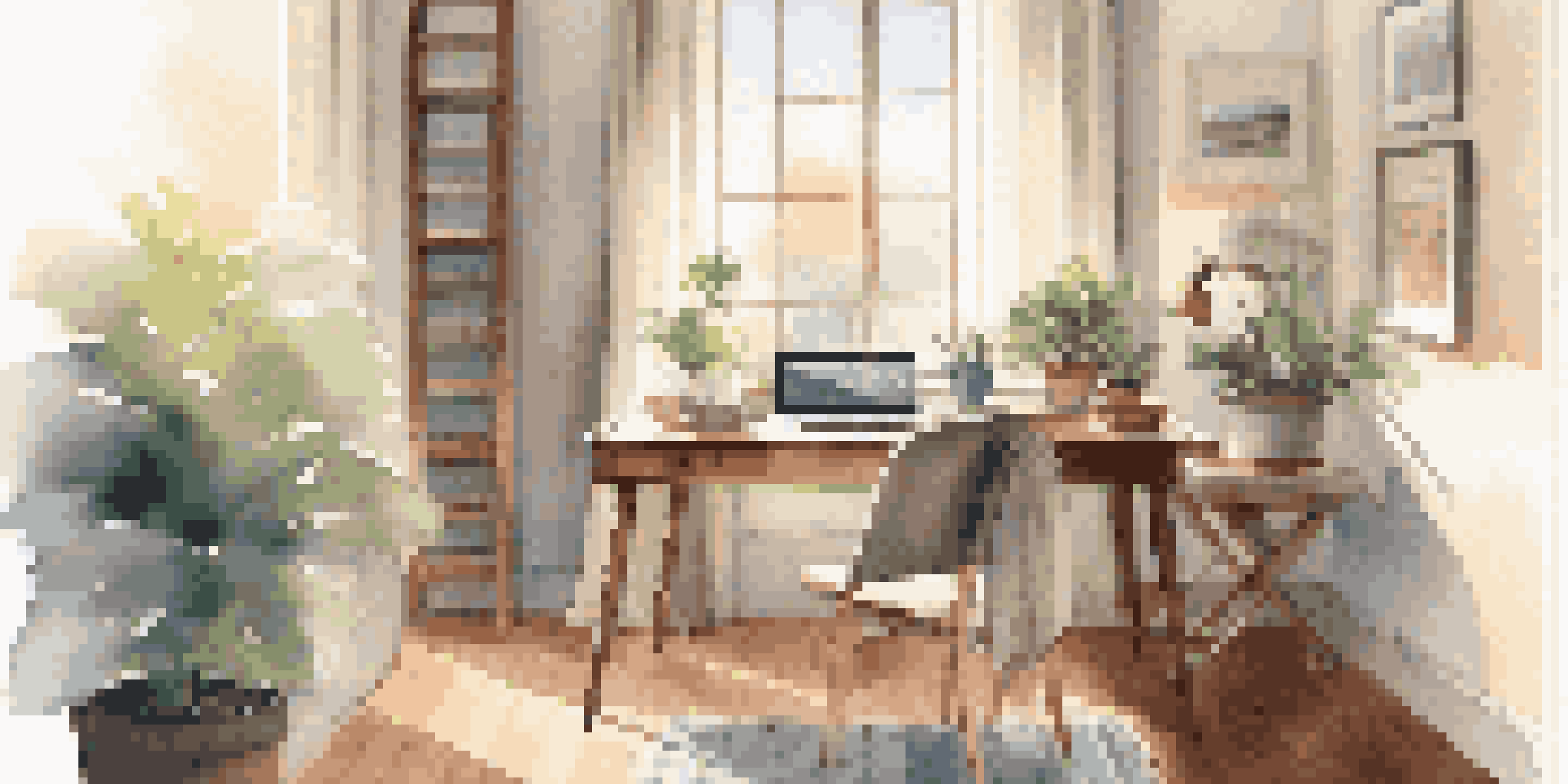 A peaceful home office with a wooden desk, laptop, and potted plant, illuminated by natural sunlight, with construction materials in the background.