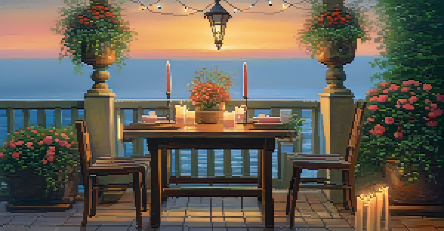 An outdoor patio with a wooden table for two, floral centerpiece, and soft evening light.