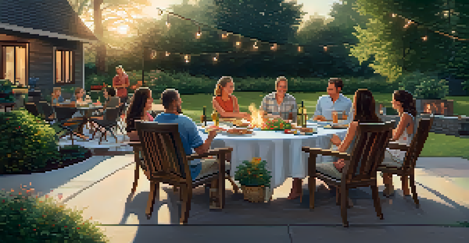 An outdoor patio filled with family members enjoying a barbecue, surrounded by nature, promoting relaxation and bonding.