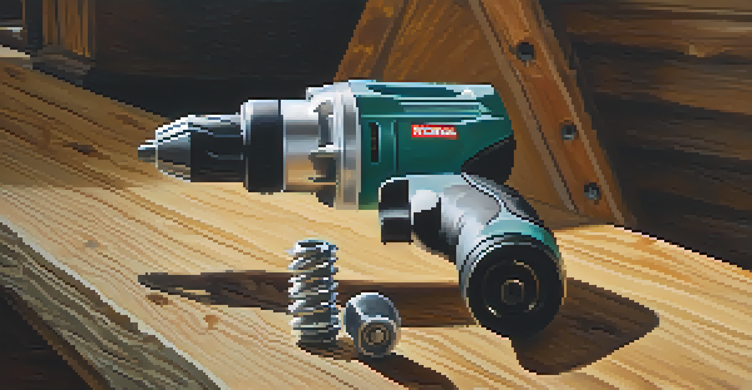 A close-up of a cordless drill on a rustic wooden surface with blurred renovation materials like screws and wooden planks in the background.