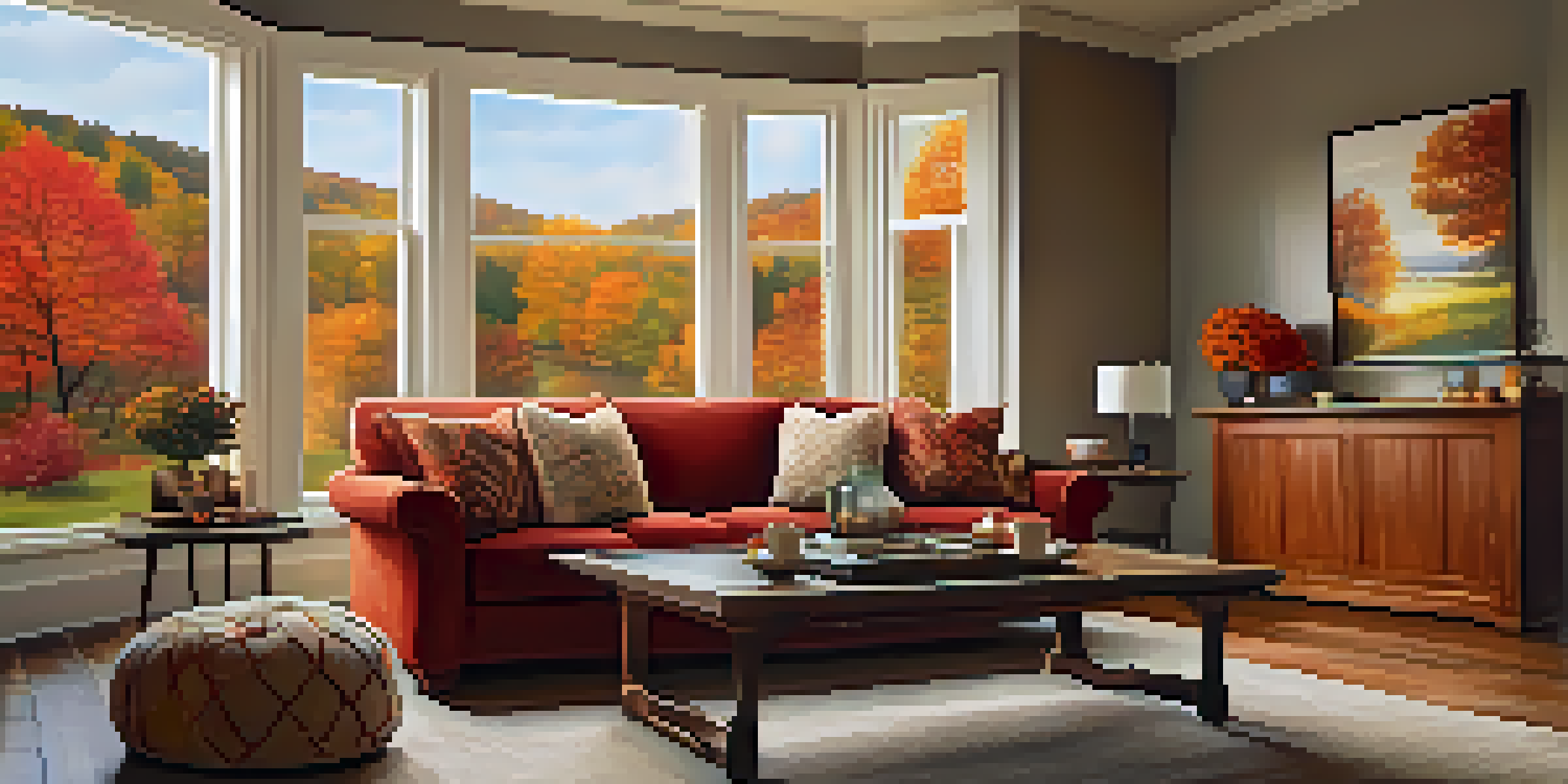 A warm and inviting living room with a sofa and coffee table, overlooking an autumn landscape.