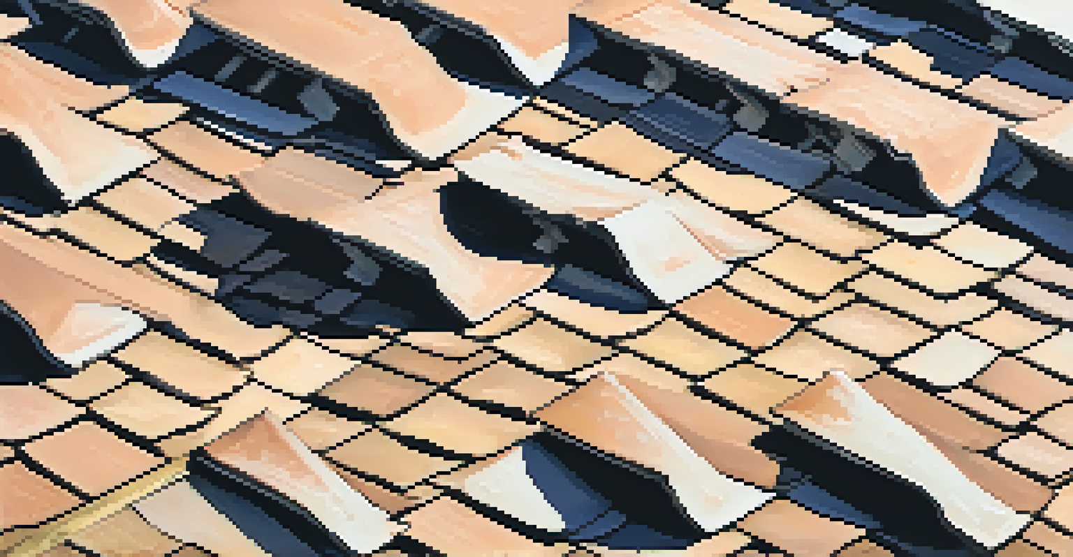 An overhead view of a roof with missing shingles and signs of wear, with a concerned homeowner looking up.