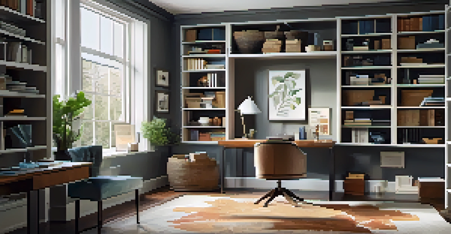An organized home office with a stylish desk, comfortable chair, and bookshelves, illuminated by light from a large window.