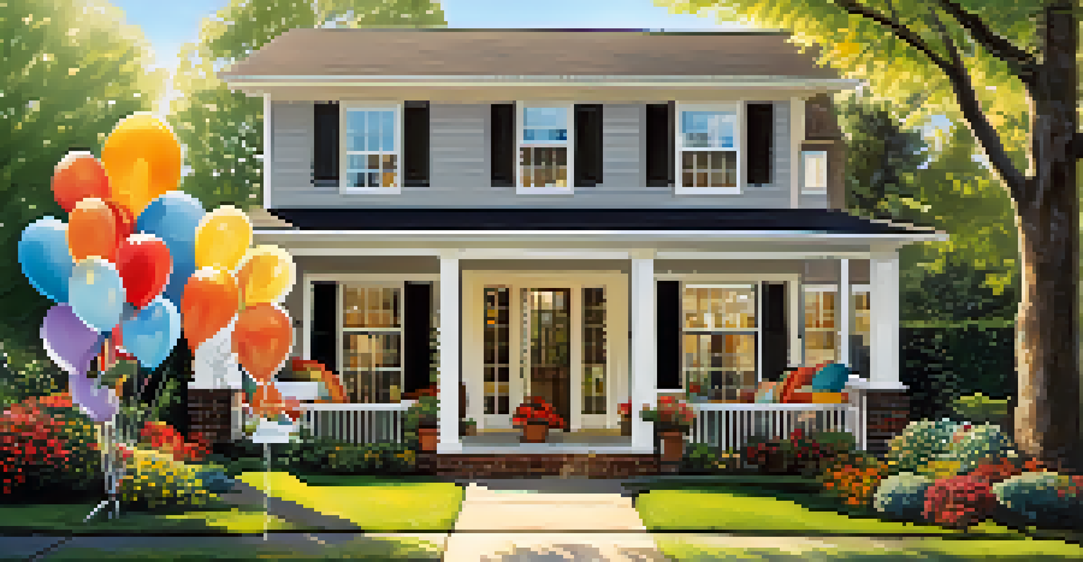 A vibrant outdoor real estate open house with potential buyers exploring a staged home, decorated with banners and balloons, under a sunny sky.