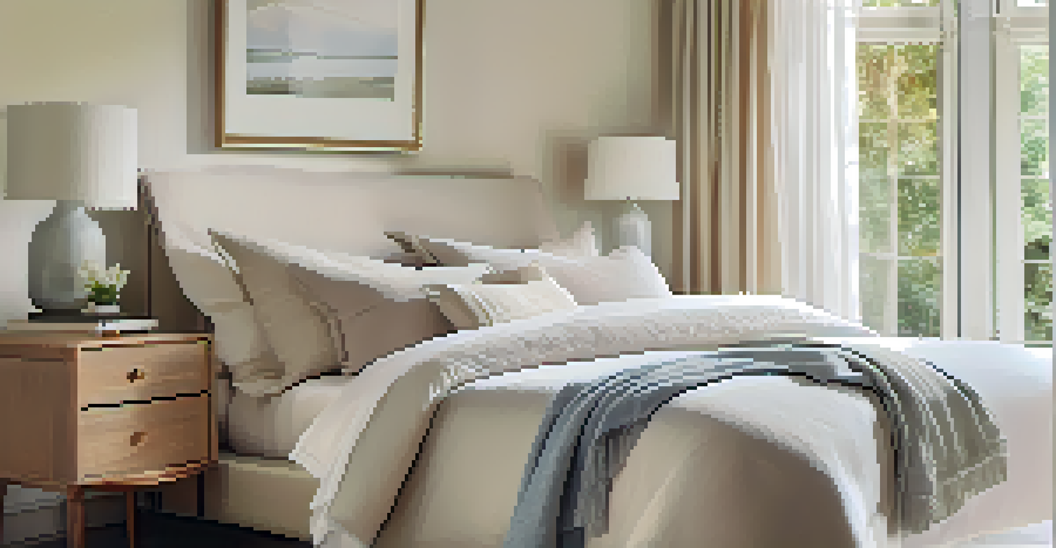 A serene bedroom with sheer white curtains and soft morning light, featuring pastel linens and fresh flowers.