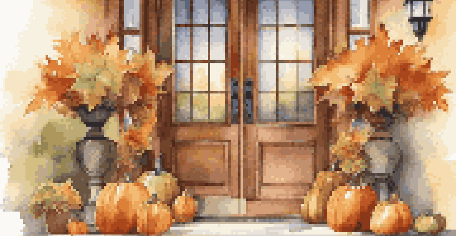 An autumn-themed entryway with a wreath on the door, pumpkins on a table, and cozy pillows on a bench.