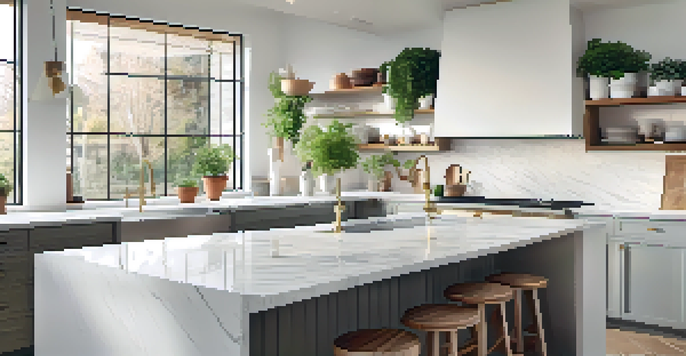 A bright and modern kitchen with white cabinets, a marble island, and large windows allowing natural light in.