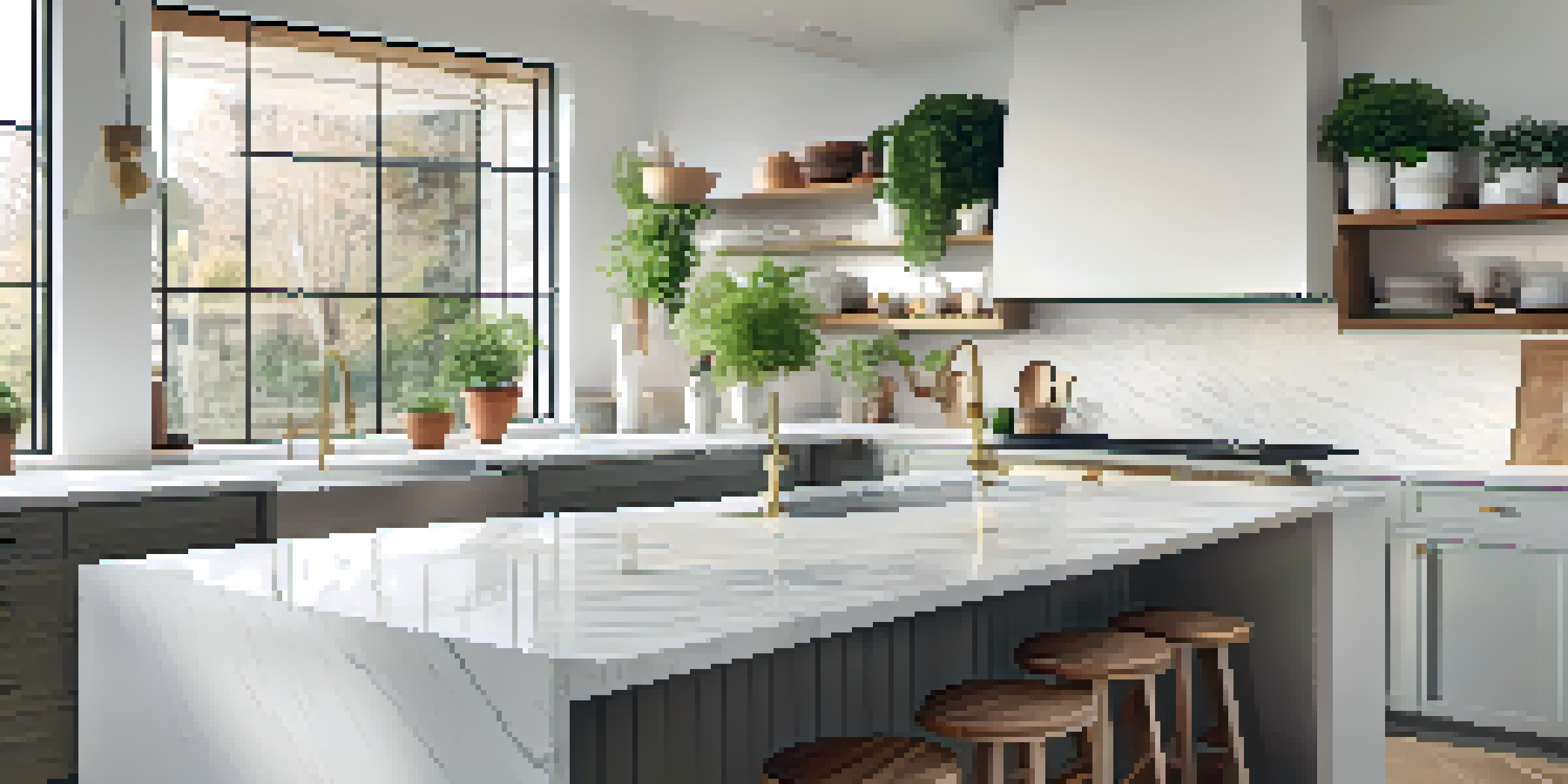A bright and modern kitchen with white cabinets, a marble island, and large windows allowing natural light in.