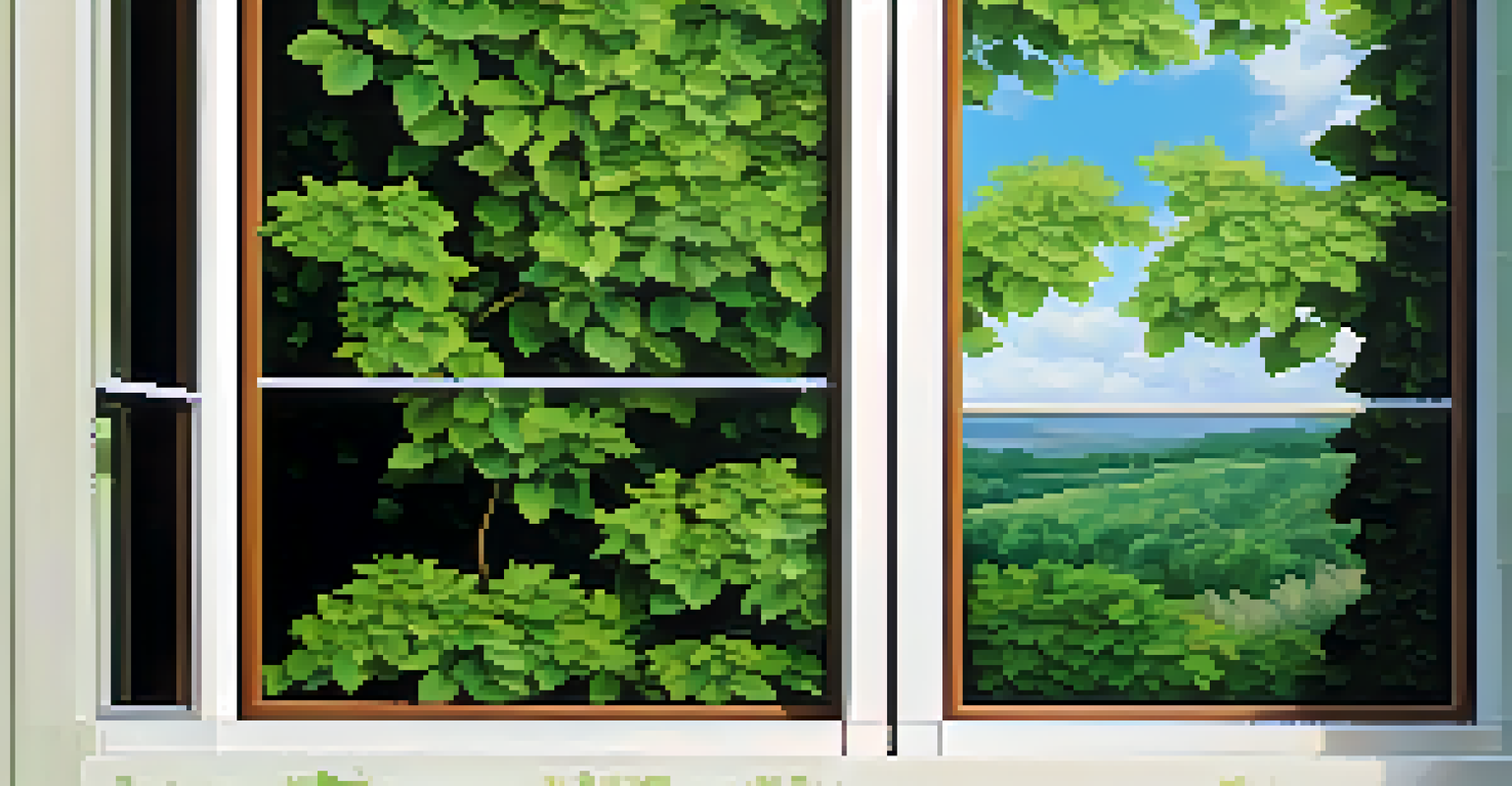 A detailed close-up of a double-paned energy-efficient window with advanced glazing, showcasing its frame and the greenery outside.