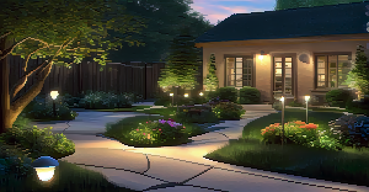 An outdoor garden at dusk with illuminated path lights and decorative lights hanging from trees, featuring a smart security camera.