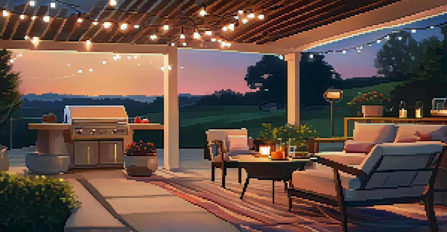 An outdoor patio with guests enjoying a gathering, featuring smart devices like a grill and a smartphone showing a home automation app under string lights.