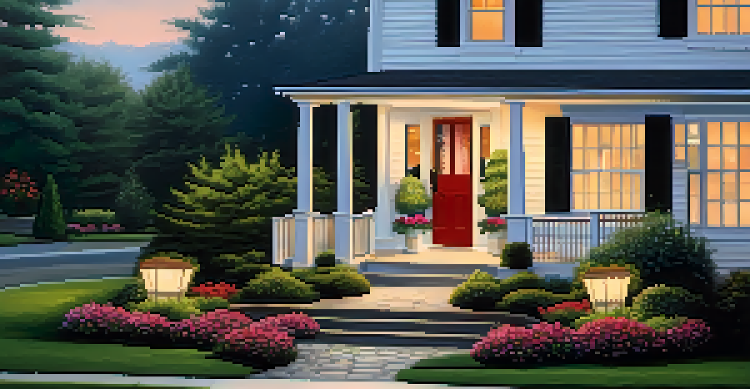A beautiful home exterior with a vibrant flower garden, trimmed hedges, and a welcoming front door, all softly lit at twilight.