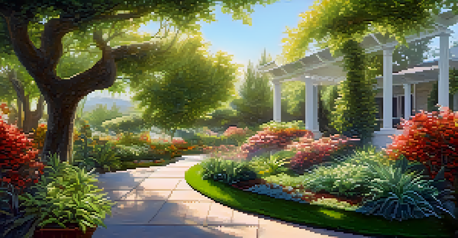 A vibrant garden with smart irrigation systems in use, showing lush plants and sunlight filtering through.