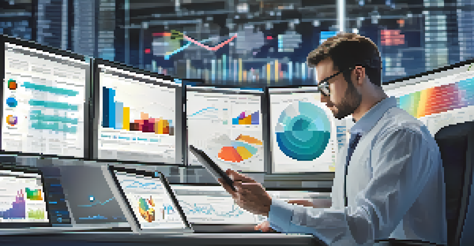 A close-up of a researcher analyzing market trends on a tablet, surrounded by colorful charts and graphs.