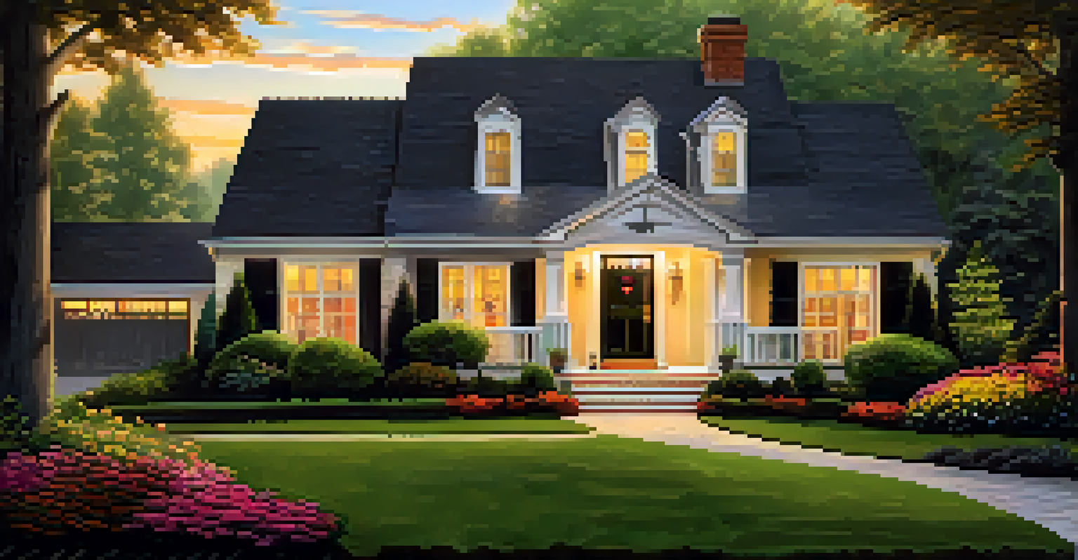 A suburban home with a 'For Sale' sign during sunset, surrounded by greenery and a couple talking to a real estate agent.