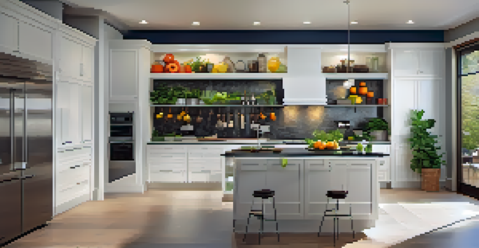 A modern kitchen with white cabinetry, dark granite countertops, and stainless steel appliances, featuring fresh herbs and fruits on the countertop.