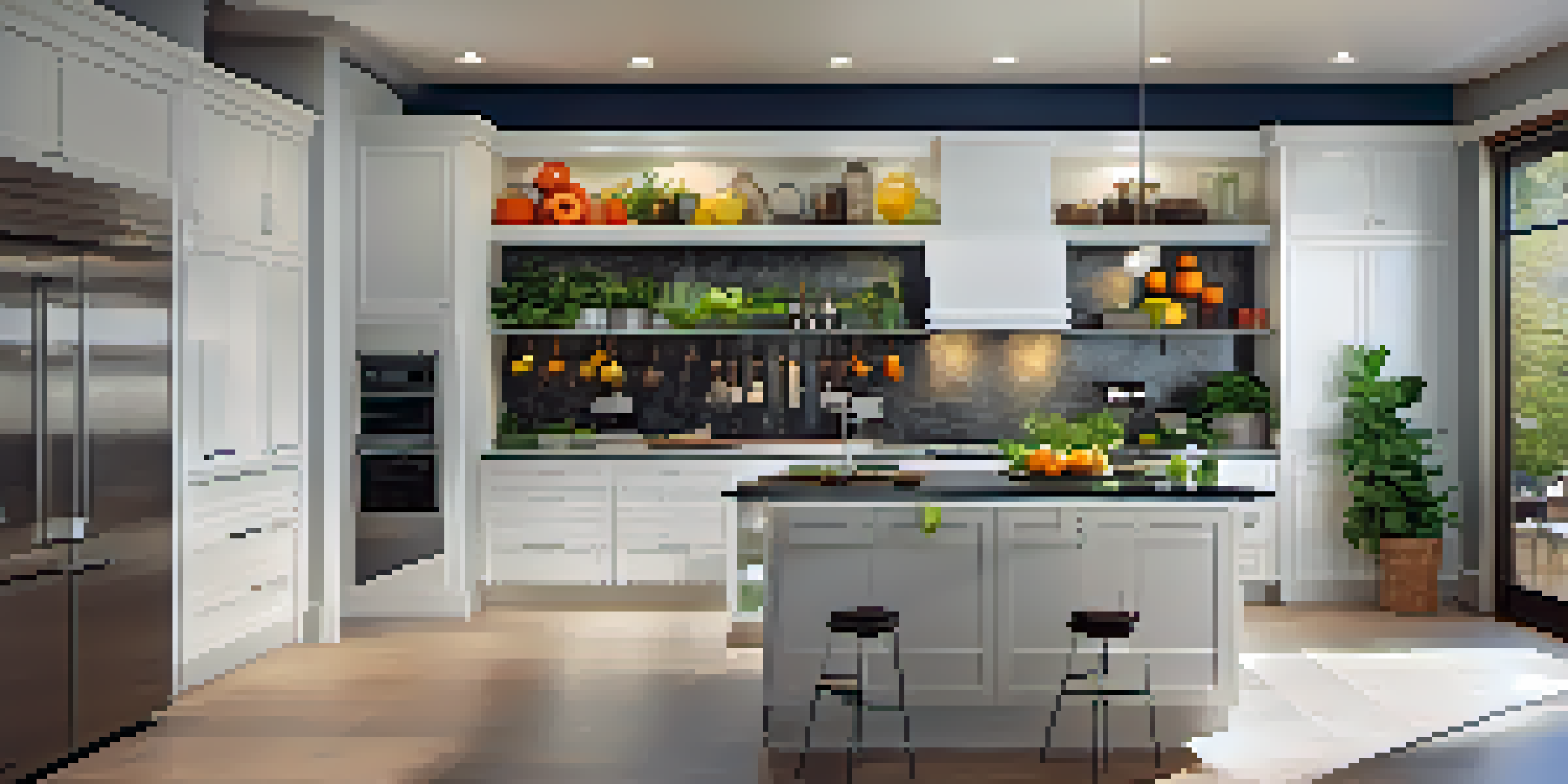 A modern kitchen with white cabinetry, dark granite countertops, and stainless steel appliances, featuring fresh herbs and fruits on the countertop.