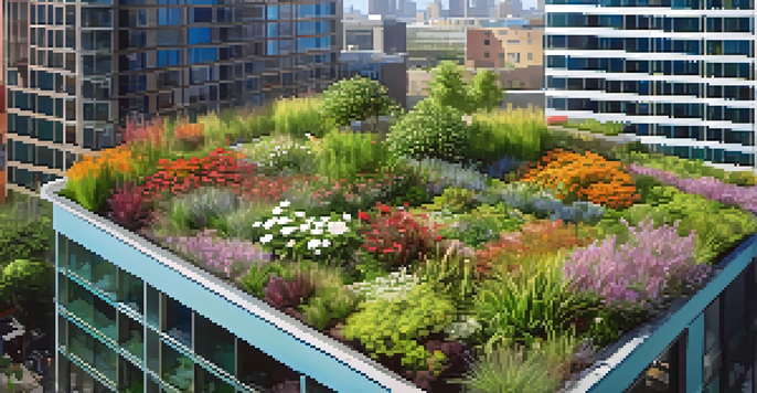 A lush green roof garden on a modern building with diverse plants and flowers, under a sunny blue sky.