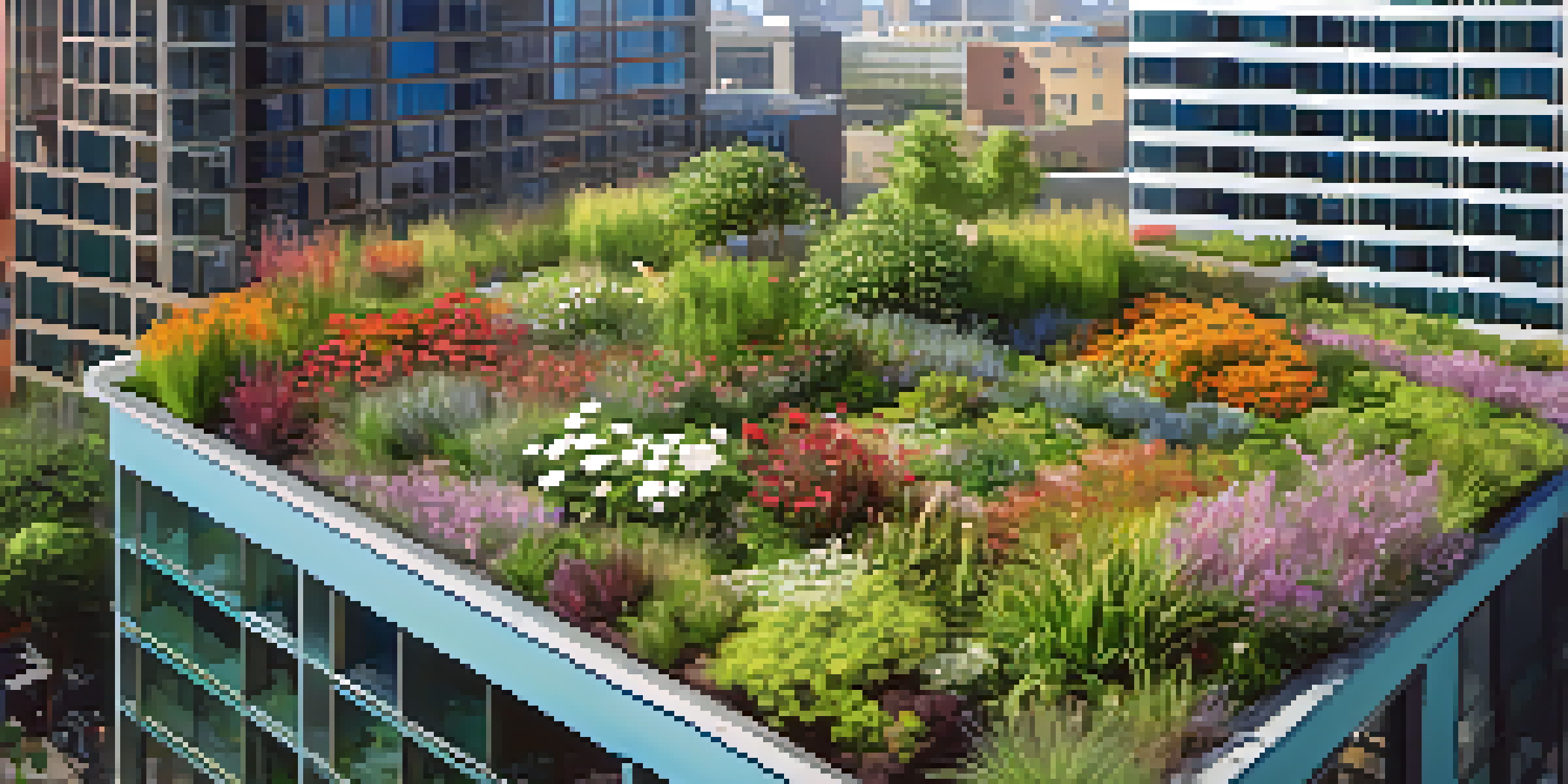 A lush green roof garden on a modern building with diverse plants and flowers, under a sunny blue sky.