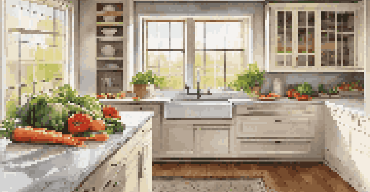 A modern kitchen with a large window, light cabinets, and fresh vegetables on a marble countertop, filled with natural light.